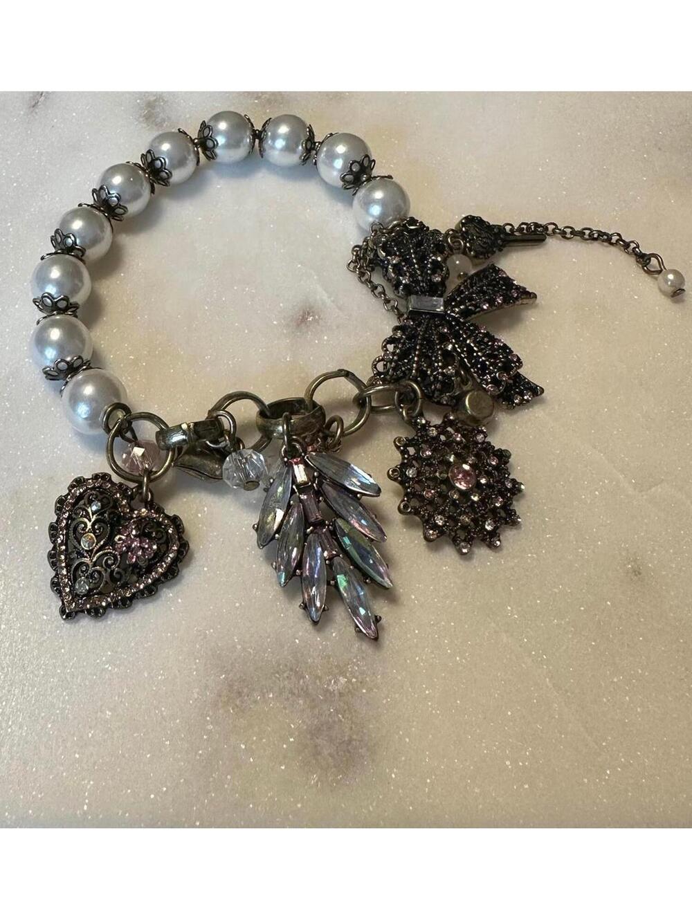 Betsey Johnson Pearl and Rhinestone Charm Bracelet